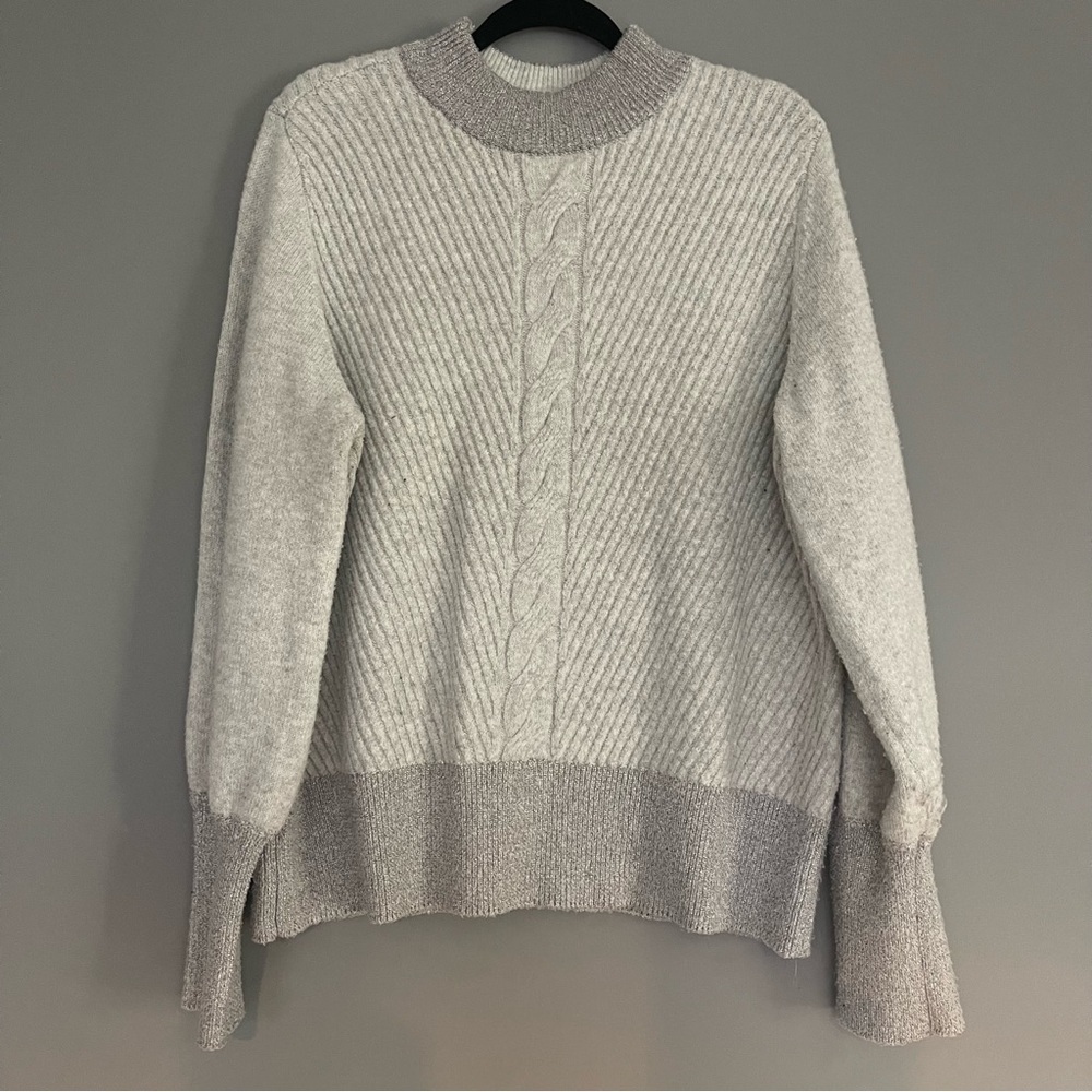 MAEVE by Anthropologie Cozy Gray Cable Knit Sweater with Glitter Trim XL
